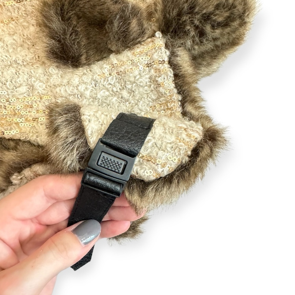 Mudd Juniors Faux Fur Tan Sequins Trapper Hat Snap Closure Chin Strap - Picture 9 of 11